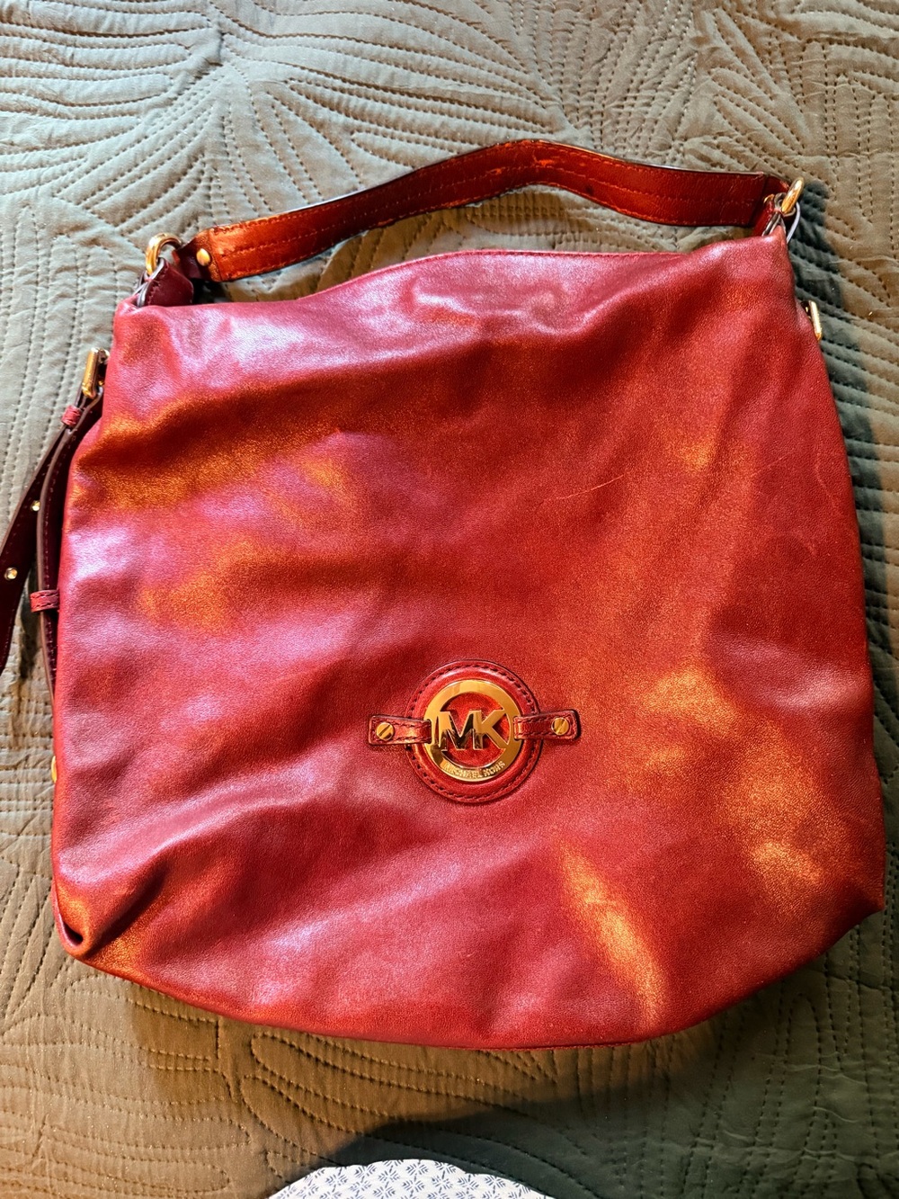 Michael Kors Metallic mahogany Leather Shoulder Hobo with Gold Logo